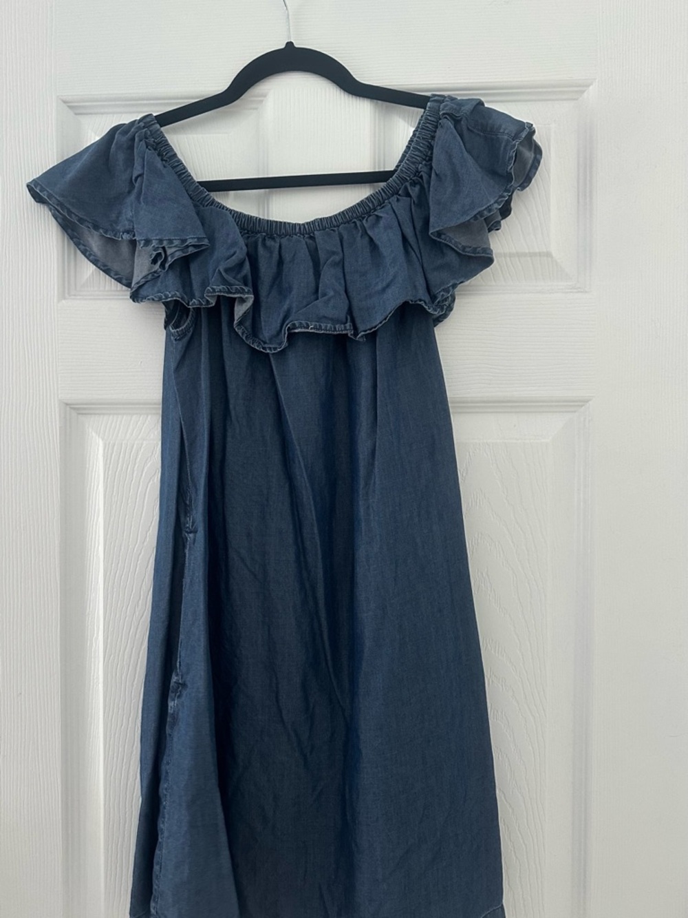 Woman’s Off-Shoulder Ruffle Denim Dress - Blue